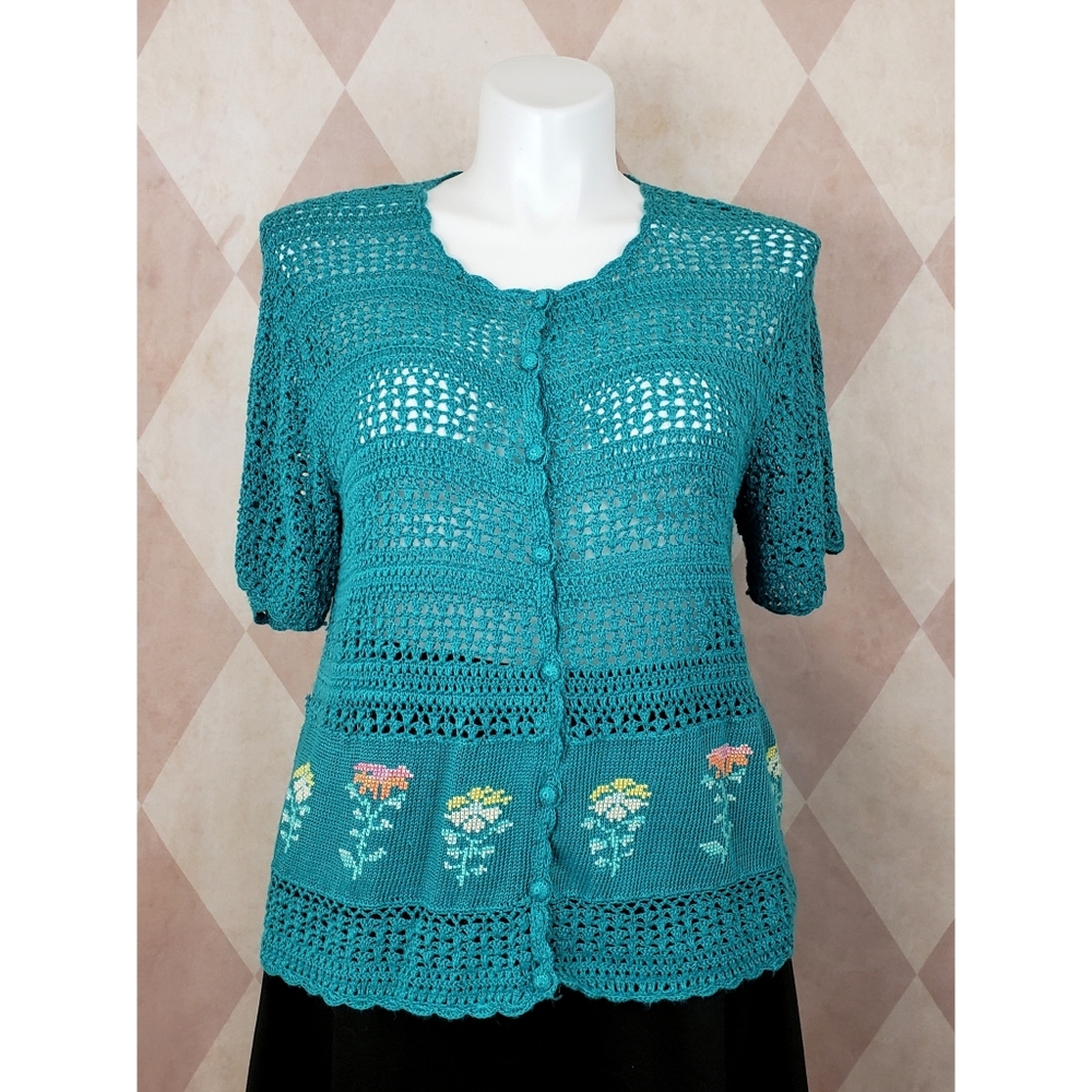 Teal Floral Crochet Sweater